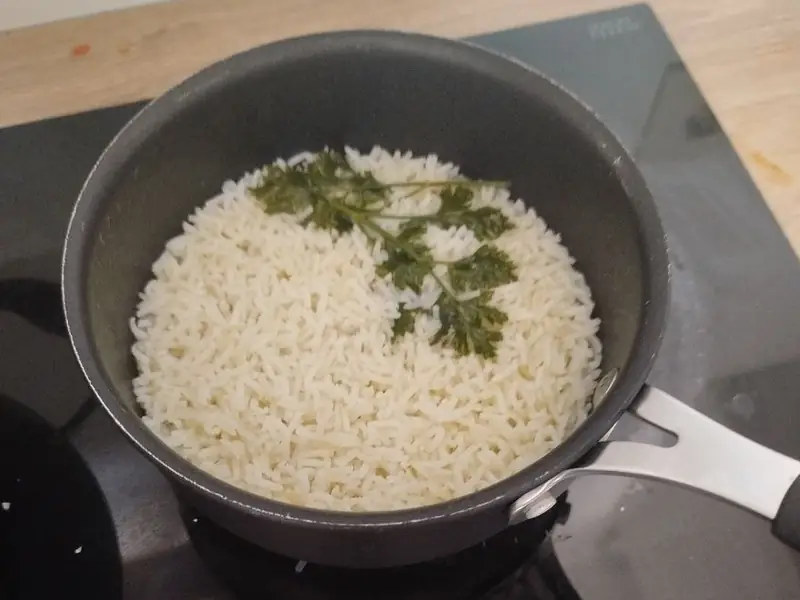 Panela de arroz branco com um ramo de ervas aromáticas por cima